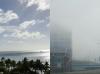 Examples of atmospheric particles. Left: clouds over Waikiki Beach in Honolulu, Hawaii. Right: fog over Cincinnati, Ohio. Credit: Alexis Eugene