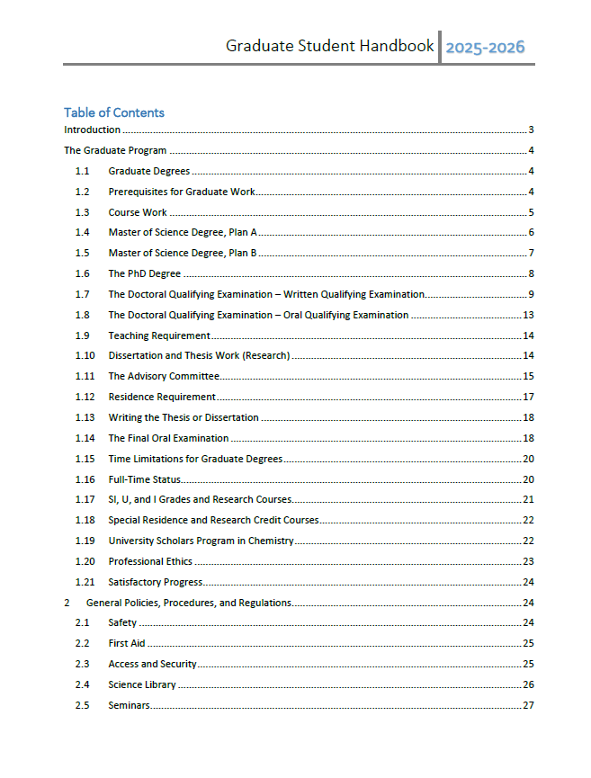 Picture of the Graduate Student Handbook table of contents with corresponding page numbers.